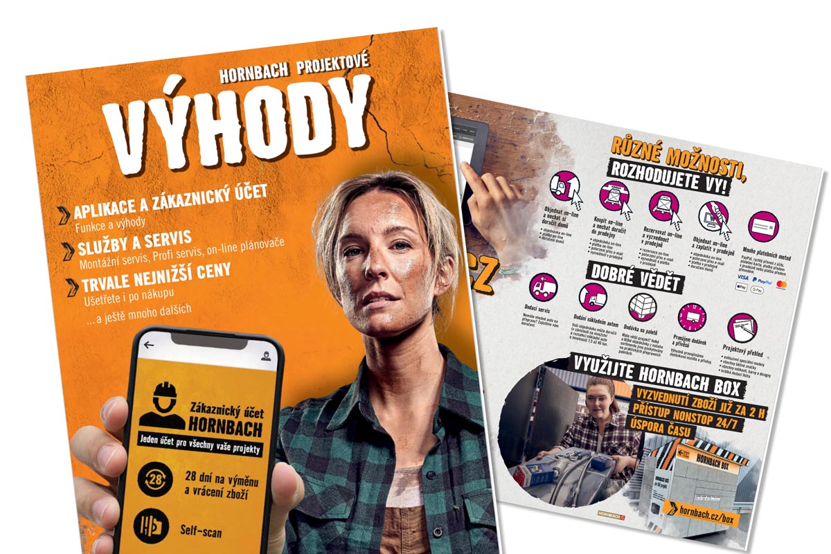 Projektové výhody Hornbach se ženou a informacemi o aplikaci, zákaznickém účtu, službách a trvale nízkých cenách
