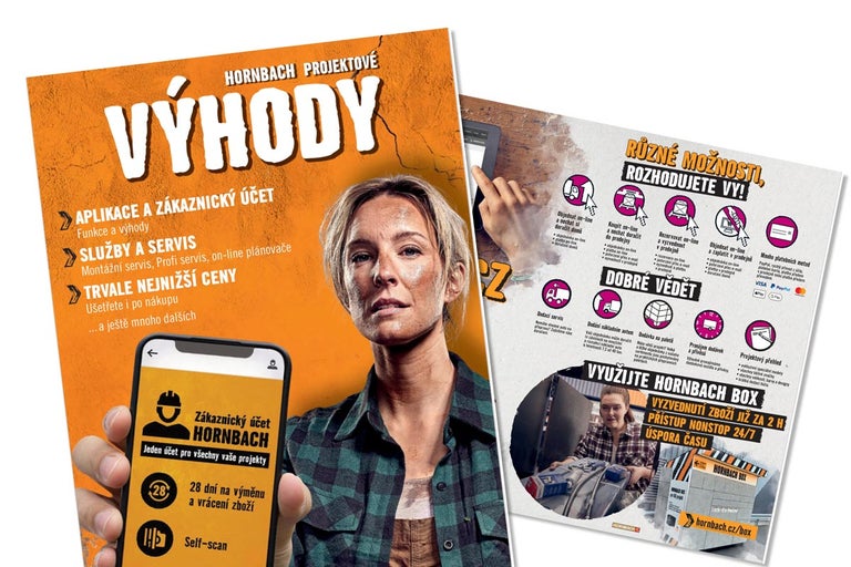 Projektové výhody Hornbach se ženou a informacemi o aplikaci, zákaznickém účtu, službách a trvale nízkých cenách