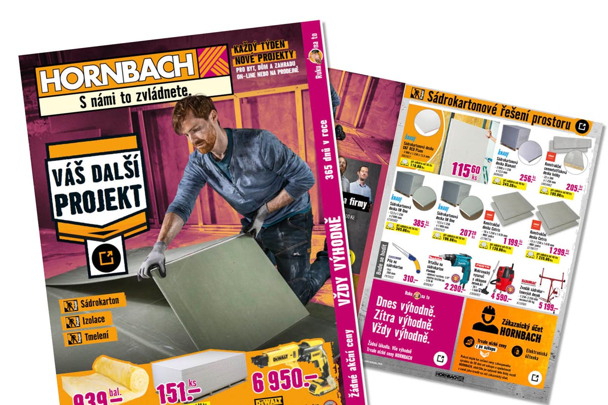 Hornbach reklamní leták zaměřený na sádrokartonářské projekty s nabídkou sádrokartonových desek, nářadí a příslušenství pro renovace.
