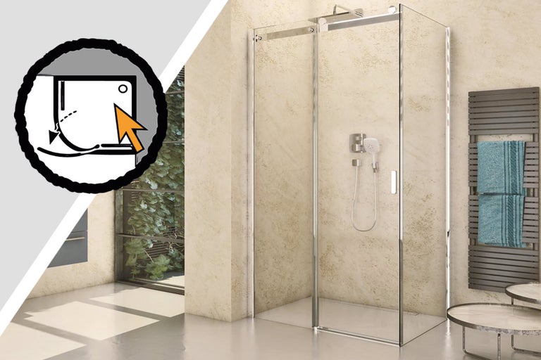 Sprchový kout s otočnými dveřmi a symbolem čištění