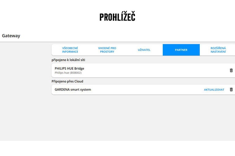 Zobrazení brány v prohlížeči s připojenými zařízeními.