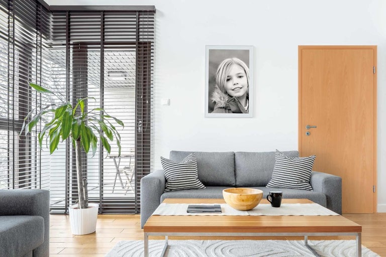Obývací pokoj s pohovkou, konferenčním stolkem, pokojovou rostlinou a zarámovaným portrétem