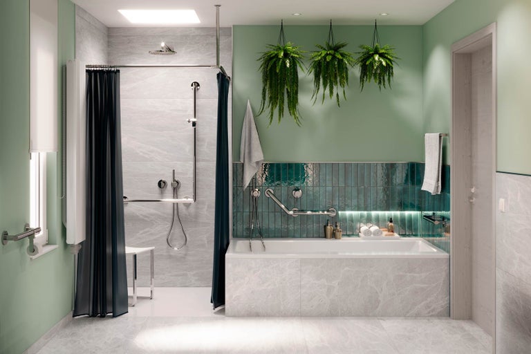 Bezbariérová koupelna se sprchou, vanou a madly pro větší bezpečnost