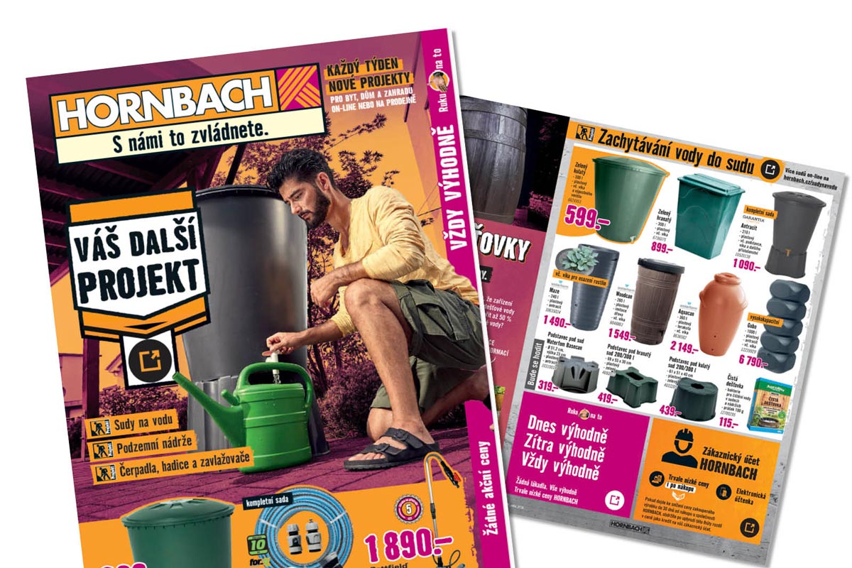 Hornbach Logo na reklamním letáku pro zavlažování zahrady se sudy na vodu, nádržemi a příslušenstvím a mužem u nádrže na vodu.