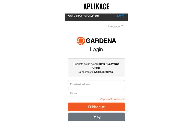 Přihlašovací stránka aplikace Gardena
