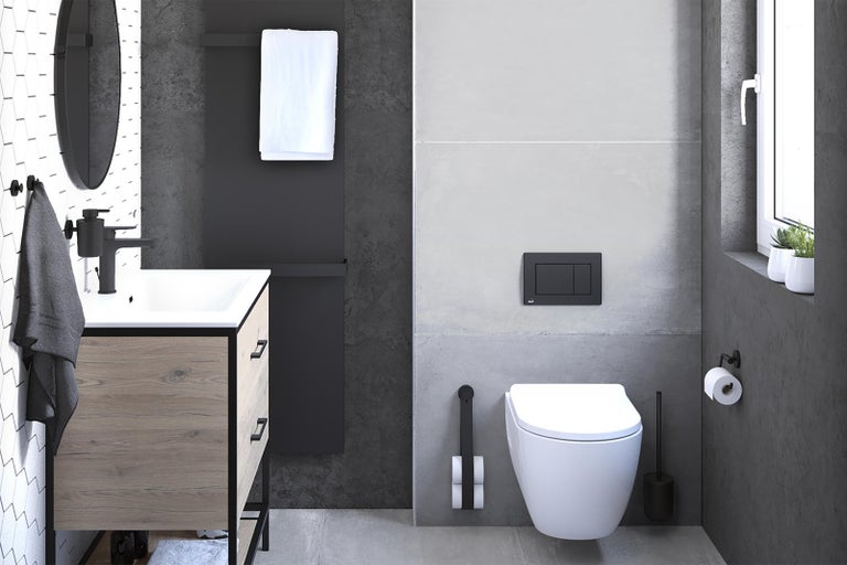 Moderní koupelna s umyvadlem, toaletou a doplňky