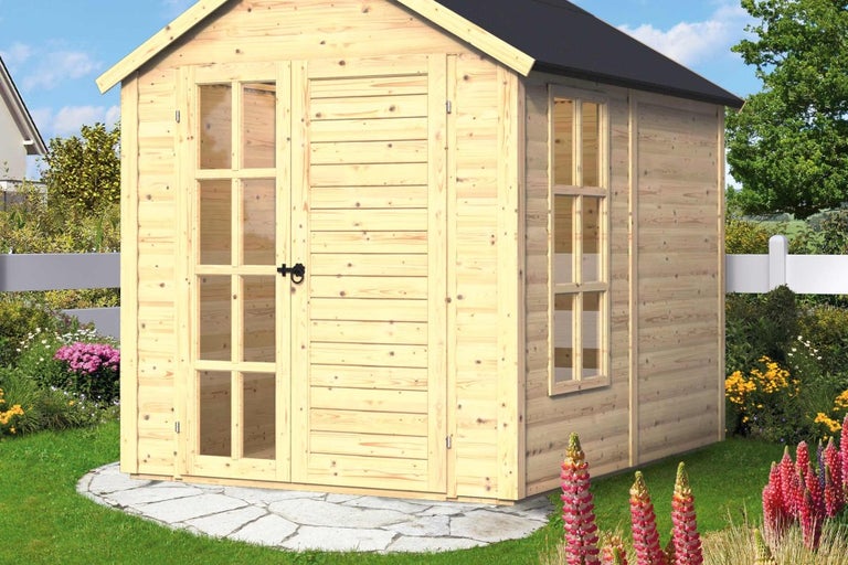 Dřevěný zahradní domek s okny a dvoukřídlými dveřmi