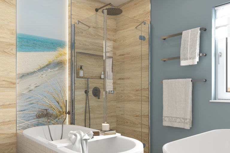 Světlá koupelna s vanou, sprchovým koutem, držákem na ručníky a dekorací