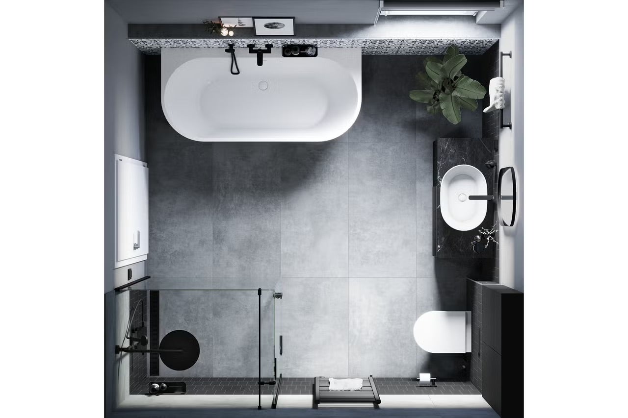 Pohled shora na koupelnu s vanou, sprchou, umyvadlem a toaletou