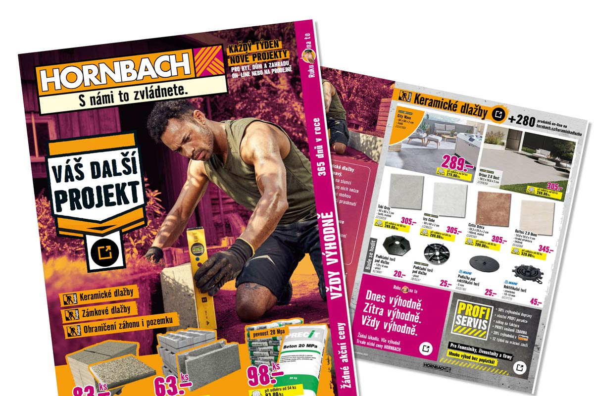 Reklamní prospekt Hornbach s řemeslníkem při stavbě zdi, dlažbou, keramickými dlaždicemi a stavebními materiály s cenami.
