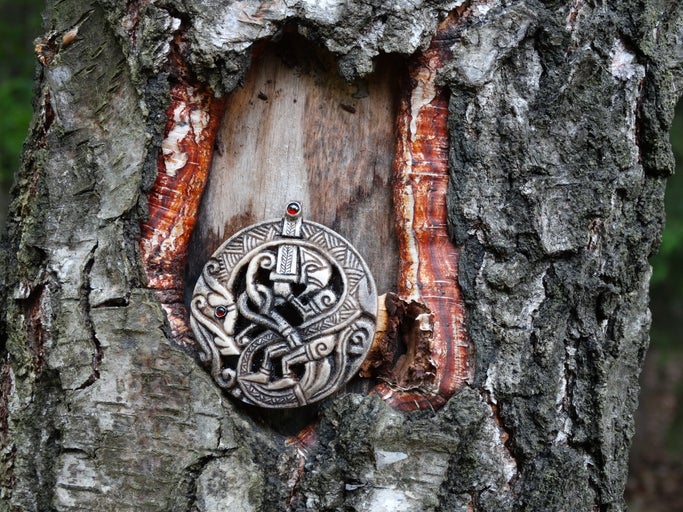 Amulet s norským motivem visí na kmeni stromu.