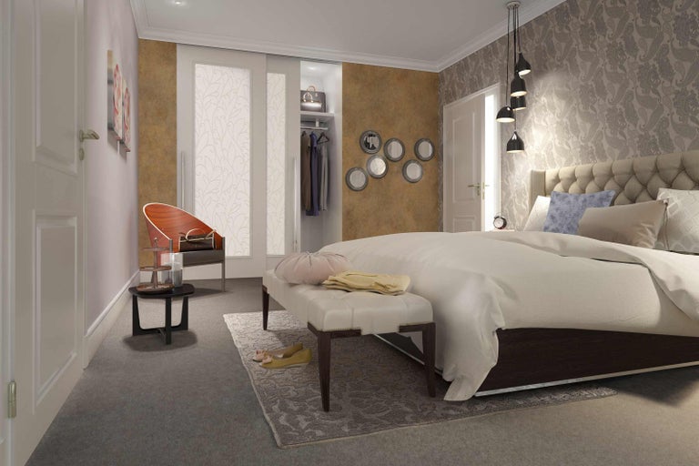 Světlá ložnice s postelí, posuvnými dveřmi a moderním interiérem