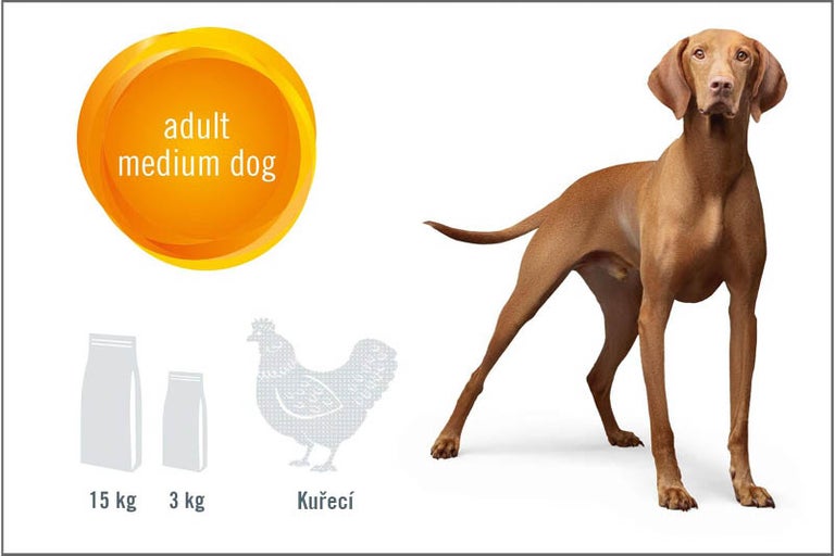Krmivo pro dospělé psy středních plemen s kuřecí příchutí v 15 kg a 3 kg baleních