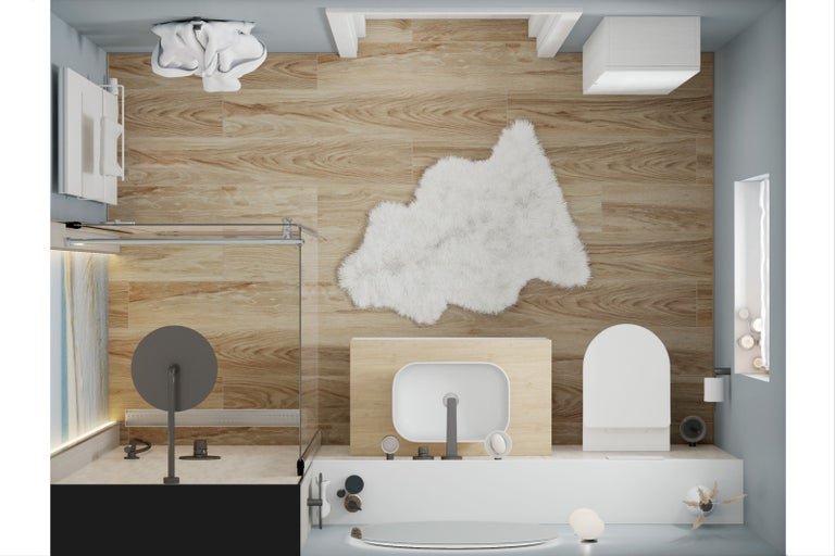 Pohled shora na koupelnu se sprchou, umyvadlem, toaletou a dřevěnou podlahou.