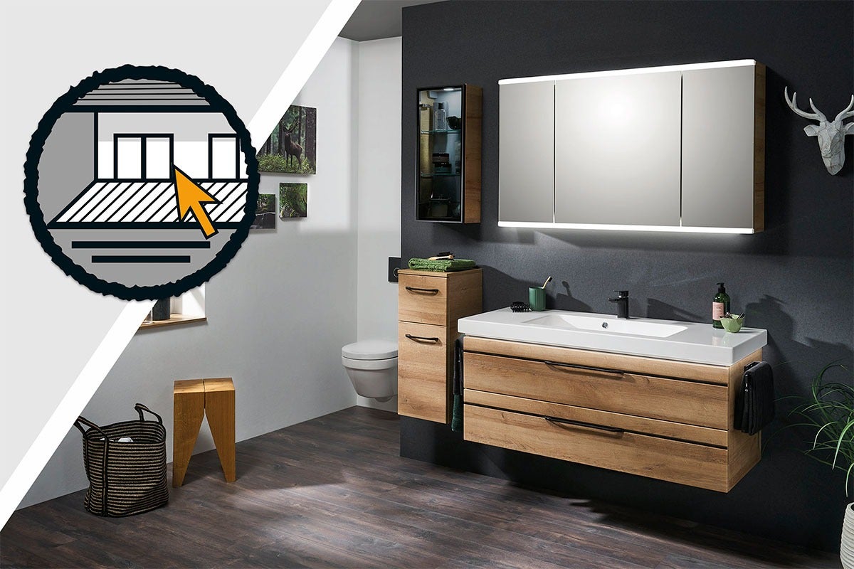 Moderní koupelna s umyvadlem, zrcadlovou skříňkou, boční skříňkou a dekoracemi pro stylové zařízení