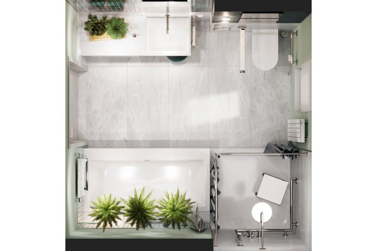 Pohled shora na koupelnu s umyvadlem, toaletou a vanou