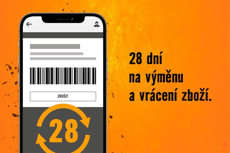 Displej mobilního telefonu s čárovým kódem a informacemi o 28denní výměně a vrácení zboží