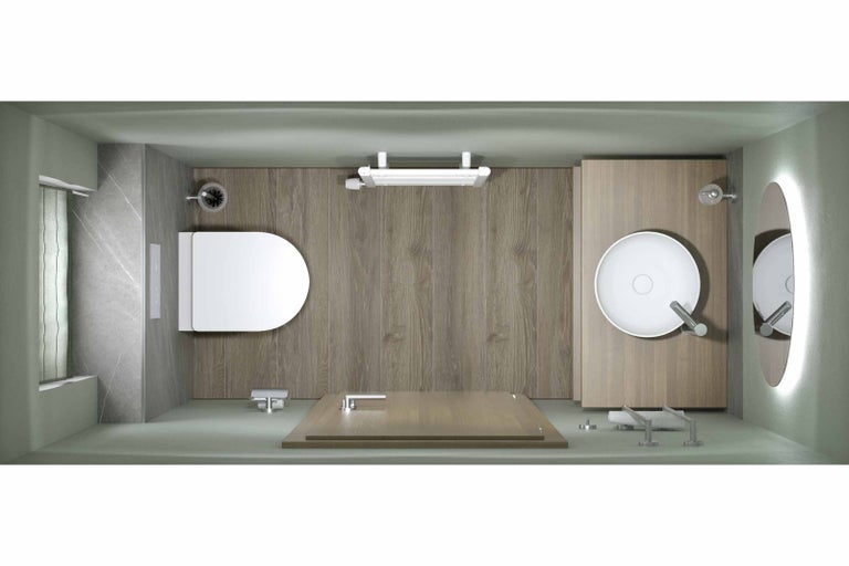 Pohled shora na koupelnu s toaletou, umyvadlem, zrcadlem a vanou