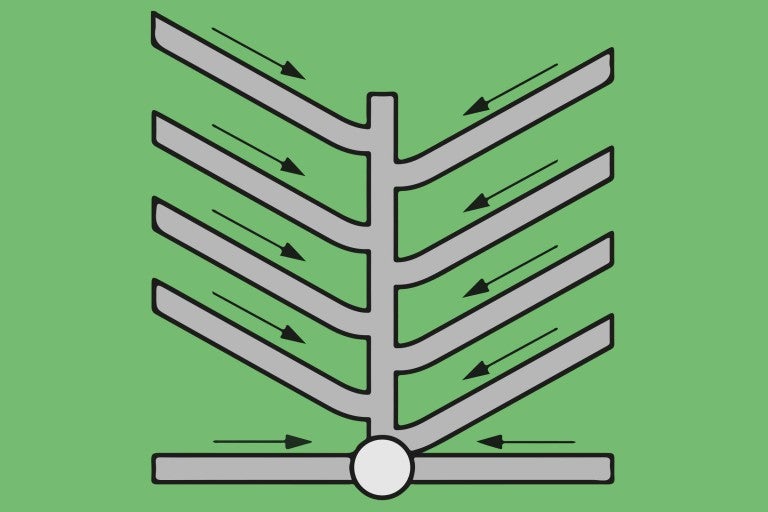 Symbolický obrázek odvodňovacího systému se šipkami označujícími směr toku