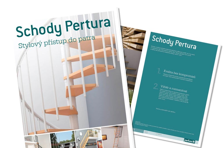 Brožura pro schody Pertura s vyobrazením točitého schodiště a různých modelů schodů.