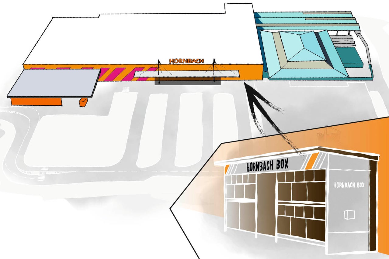 Budova prodejny HORNBACH s boxem HORNBACH venku