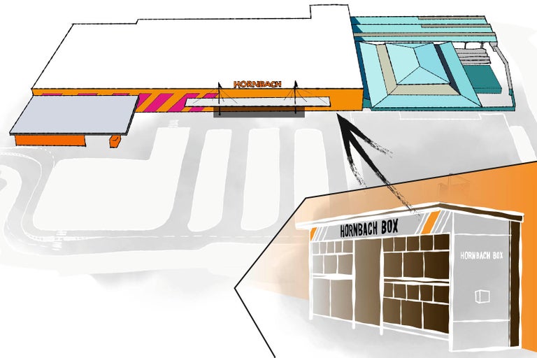 Budova prodejny HORNBACH s boxem HORNBACH venku