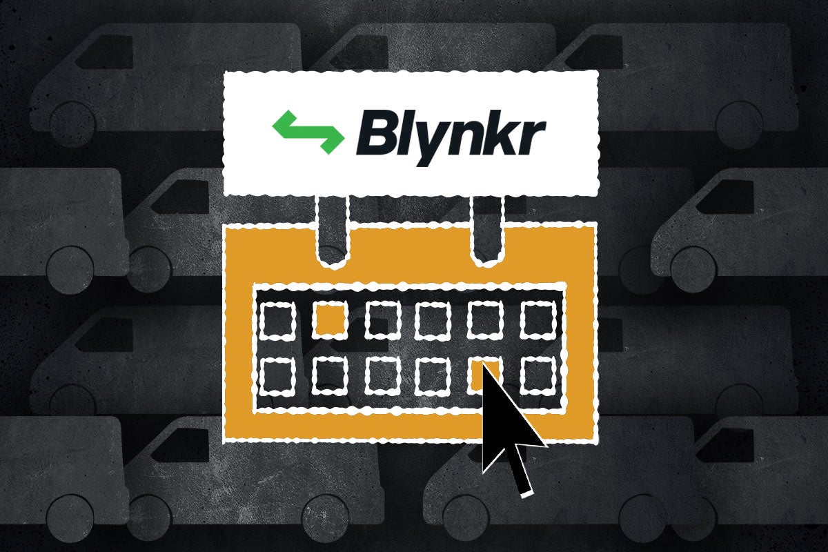 Logo Blynkr s kalendářem pro online rezervaci termínů a siluetami dodávek.