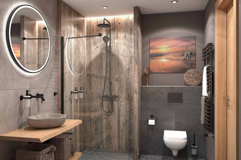 Koupelna se sprchou, umyvadlem, zrcadlem s osvětlením a toaletou