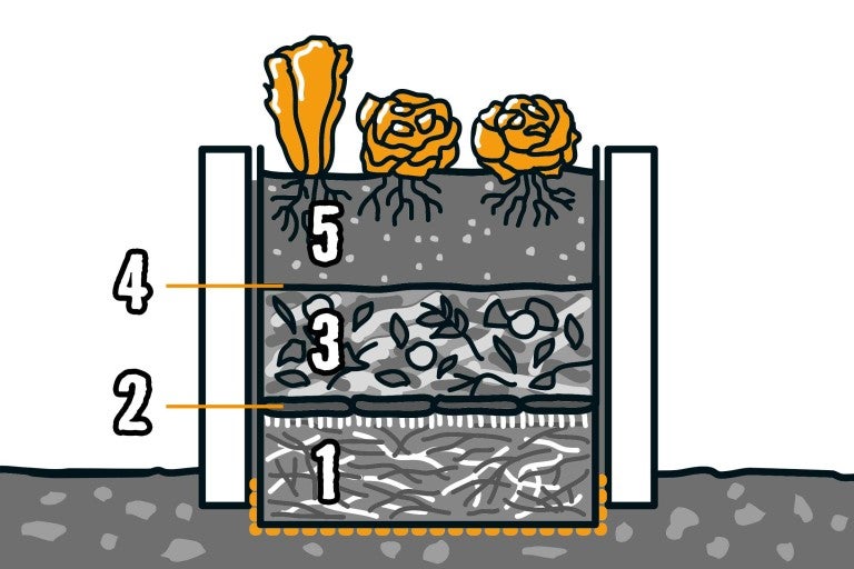 Obrázek vyvýšeného záhonu s různými vrstvami a rostlinami.