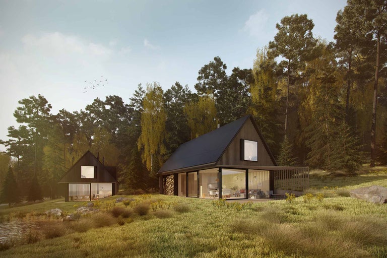 Dva moderní domy se sedlovou střechou v lesní krajině