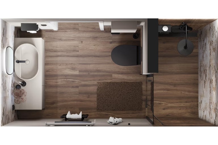 Pohled shora na koupelnu s umyvadlem, toaletou a sprchou