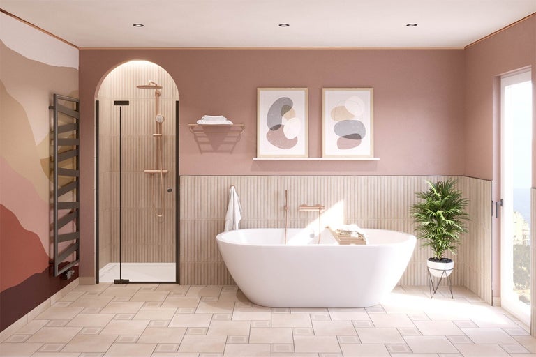 Světlá koupelna se sprchou, vanou, radiátorem a dekoracemi pro moderní a přátelskou atmosféru