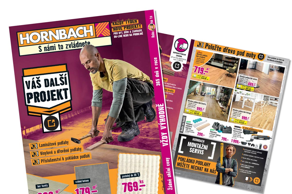 Reklamní brožura Hornbach ukazuje řemeslníka při pokládce podlahy, různé dřevěné podlahy, montážní příslušenství a servisní nabídky.