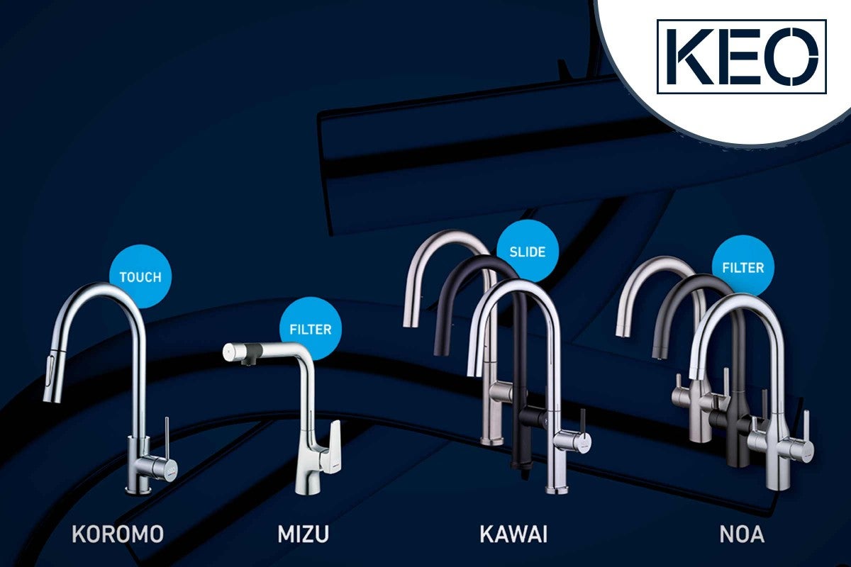 Různé kuchyňské baterie modelů Koromo, Mizu, Kawai a Noa od Keo