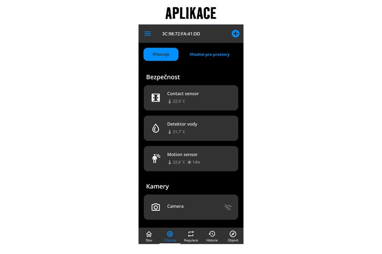 Zobrazení aplikace pro správu zařízení na smartphonu