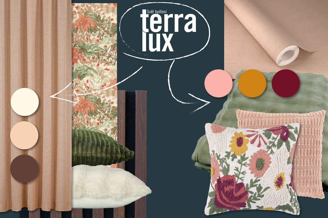 Dekorativní prostředí se závěsy, tapetami, polštáři a textilem pro útulný domov