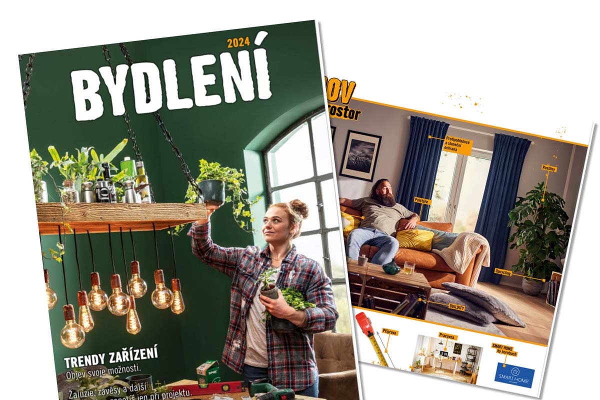Titulní strana časopisu o trendech v bydlení se ženou aranžující pokojové rostliny a mužem v obývacím pokoji