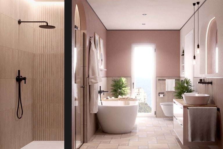 Světlá koupelna se sprchou, vanou, umyvadlem a toaletou