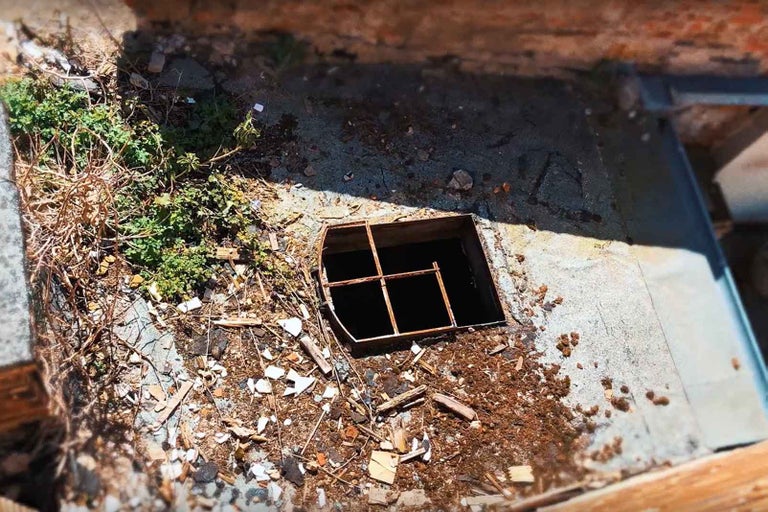 Kryt šachty s mříží na pozemku s nečistotami a rostlinami.