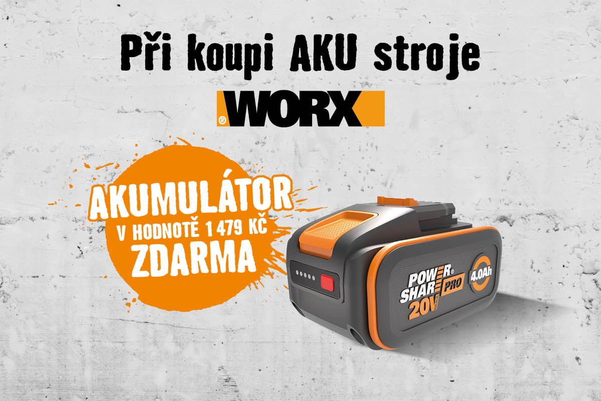 WORX Logo a akumulátor 20 Voltů 4 Ampérhodiny Power Share Pro zdarma při koupi akumulátorového stroje.