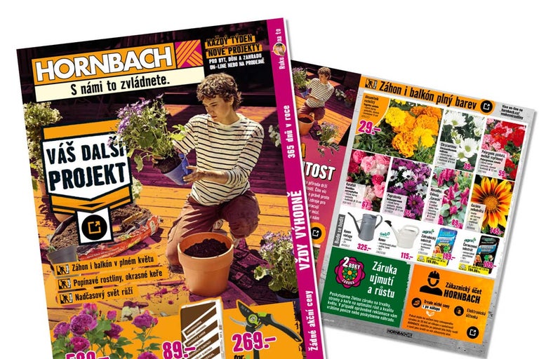 Reklamní leták Hornbach pro zahradní projekty s mladým mužem při sázení rostlin a přehledem květin s cenami.