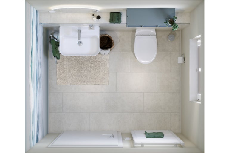 Pohled shora na koupelnu s umyvadlem, toaletou a sprchou