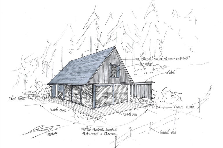 Nákres obytného domu se sedlovou střechou a velkými okenními stěnami