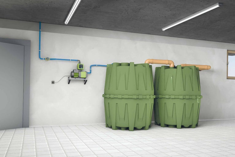 Sklep s dešťovým systémem včetně čerpadla a nádrží