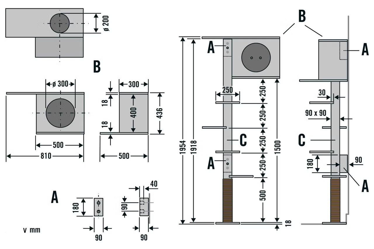 Technický nákres škrabadla pro kočky s rozměry