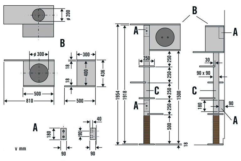 Technický nákres škrabadla pro kočky s rozměry