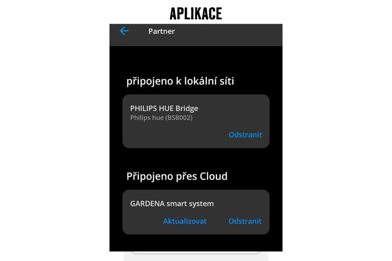 Snímek obrazovky aplikace s připojenými systémy.