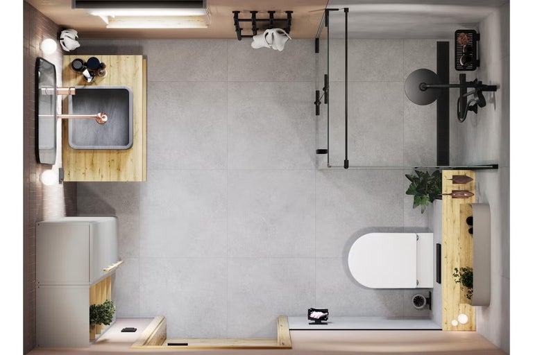 Pohled shora na koupelnu s umyvadlem, toaletou a sprchou