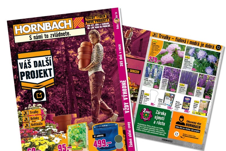 Reklamní brožura Hornbach pro zahradní projekty s Hornbach Logo, vyobrazením rostlin, květináčů a cenovek.