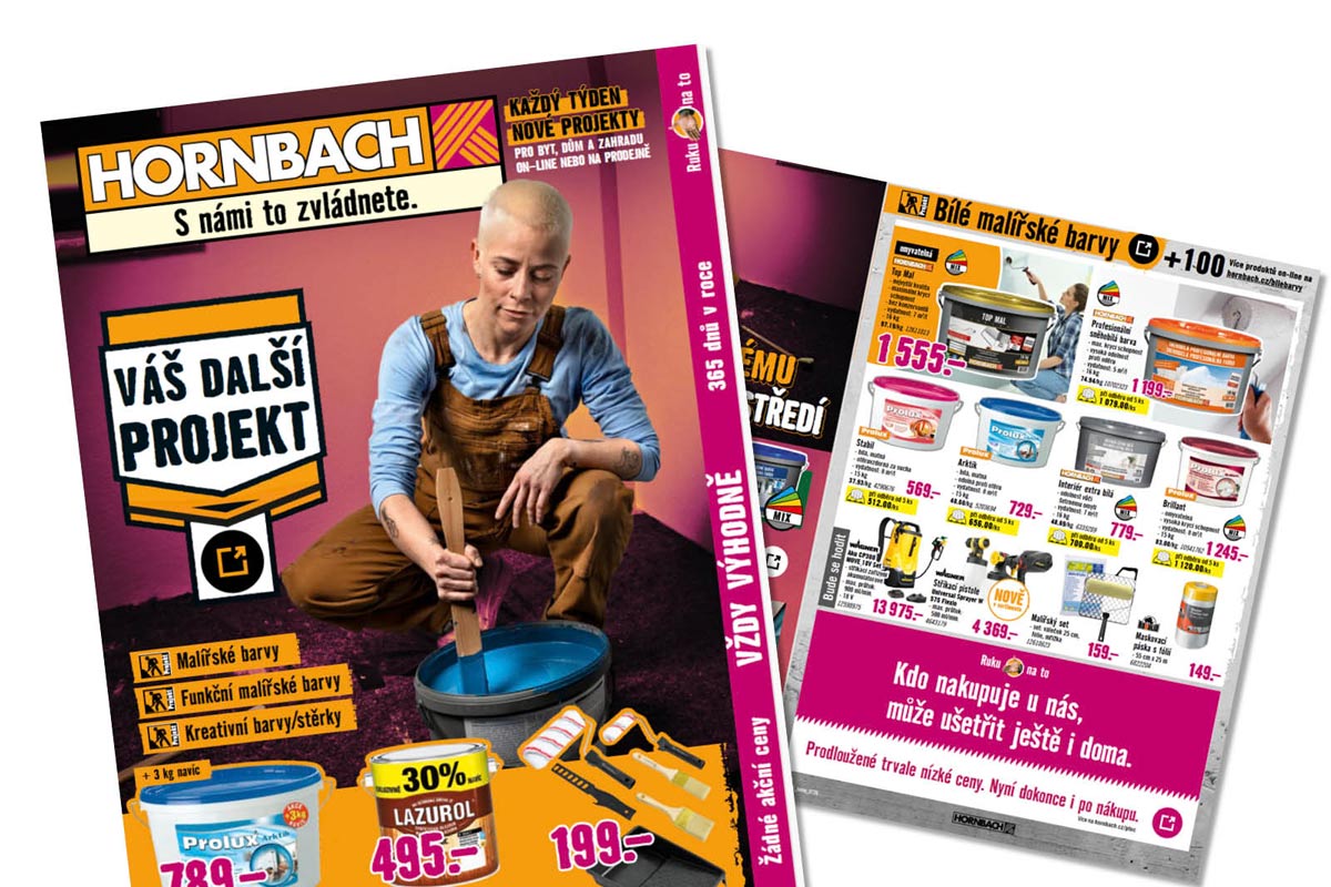 Prospekt Hornbach s ženou míchající barvu, nabídkou malířských barev a nářadí pro kutilské projekty.